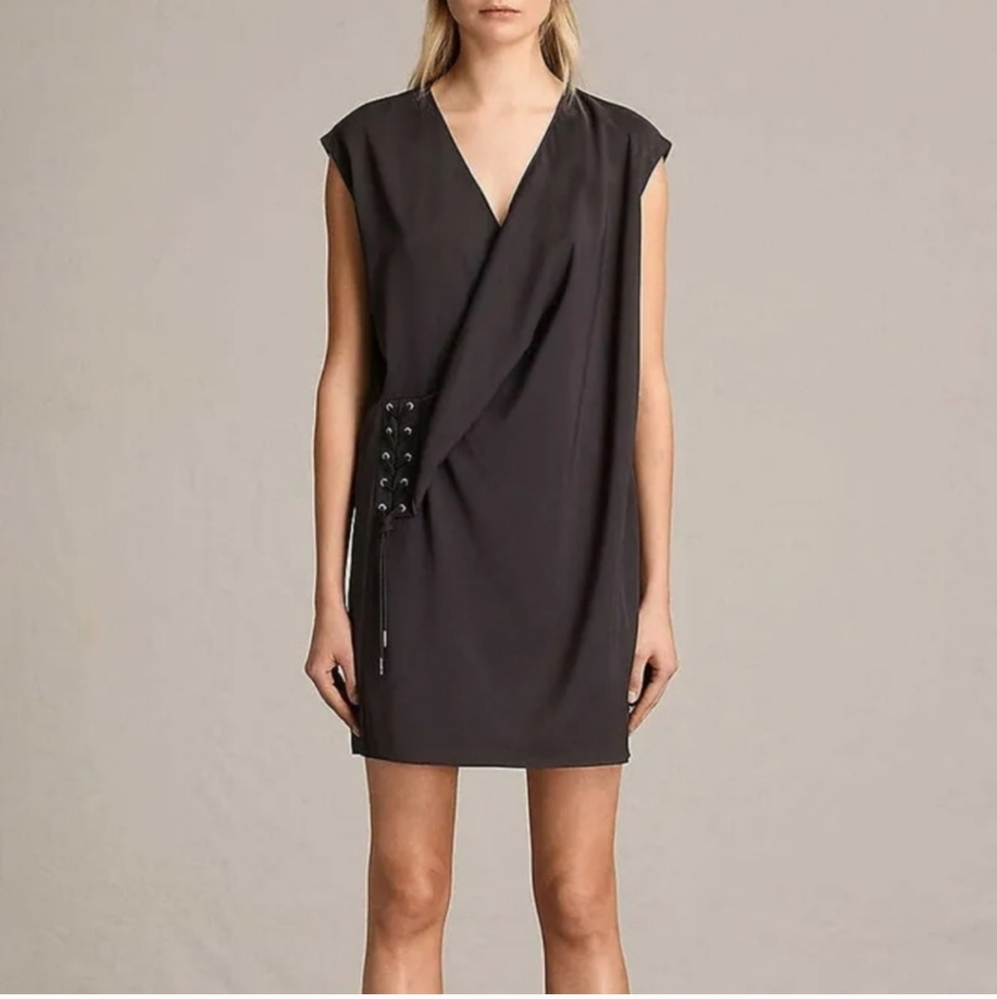 AllSaints sleeveless draped V-neck AURES dress size 2 - Picture 2 of 10